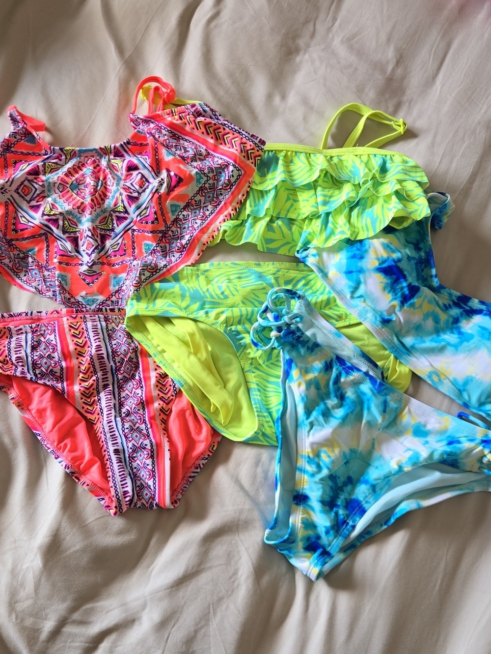 3 Pc. Lot Justice Neon Pink & Lime Mix Girls Swim Set - Bright Patterned Bikinis